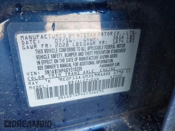 2016 Nissan Sentra SV with VIN 3N1AB7AP4GY316295, listed as a IAAI auction lot 41721997 with 195,713 mi miles and . Bid and sale history available at DreamBid. Image 9.