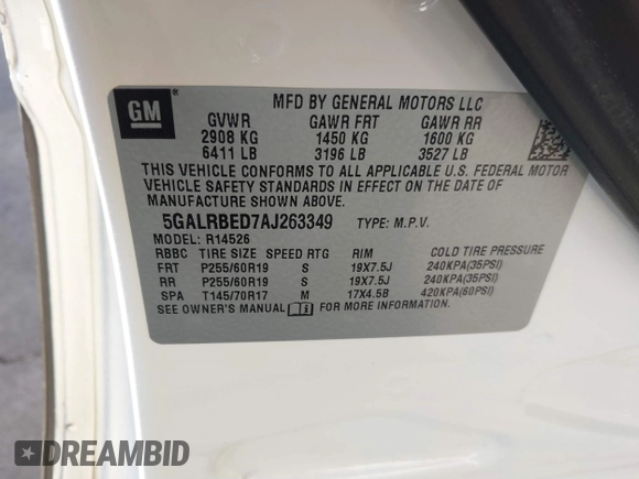 2010 Buick Enclave CXL 1XL with VIN 5GALRBED7AJ263349, listed as a IAAI auction lot 41726368 with 229,228 mi miles and . Bid and sale history available at DreamBid. Image 9.