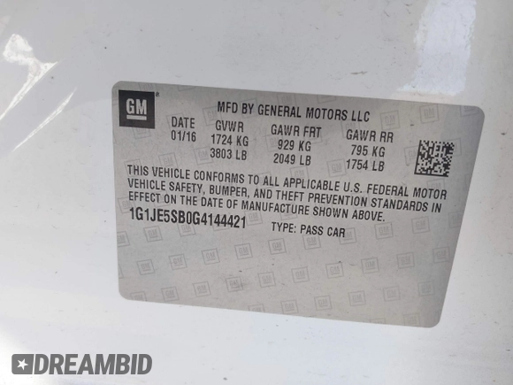 2016 Chevrolet Sonic LTZ z VIN 1G1JE5SB0G4144421, wystawiony jako IAAI lot #42020434 z przebiegiem 120 114 mil mil oraz . Historia ofert i sprzedaży dostępna na DreamBid. Obrazek 9.