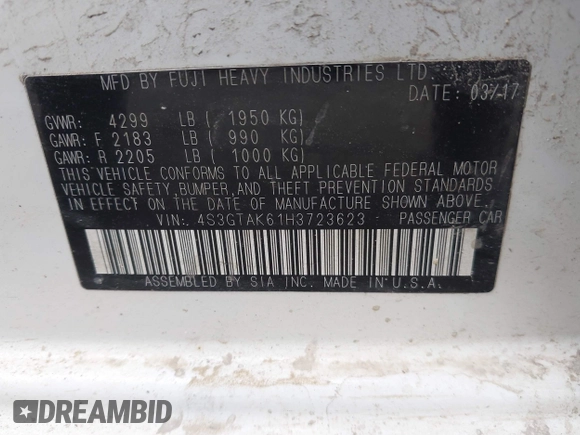 2017 Subaru Impreza Special Sports with VIN 4S3GTAK61H3723623, listed as a IAAI auction lot 42157315 with 173,793 mi miles and . Bid and sale history available at DreamBid. Image 9.