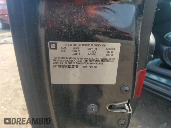 2008 Chevrolet Impala LS with VIN 2G1WB58KX89206766, listed as a Copart auction lot 60416895 with 189,415 mi miles and Salvage title. Bid and sale history available at DreamBid. Image 12.