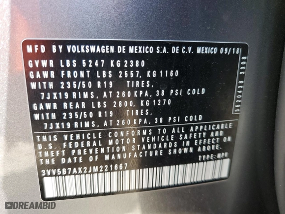 2018 Volkswagen Tiguan SEL Premium with VIN 3VV5B7AX2JM221667, listed as a Copart auction lot 48430745 with 68,529 mi miles and Salvage Title. Bid and sale history available at carsss.com. Image 13.