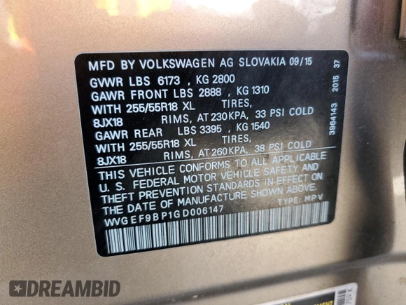 2016 Volkswagen Touareg Sport with VIN WVGEF9BP1GD006147, listed as a Copart auction lot 53247765 with 7,842 mi miles and Salvage Title. Bid and sale history available at DreamBid. Image 14.
