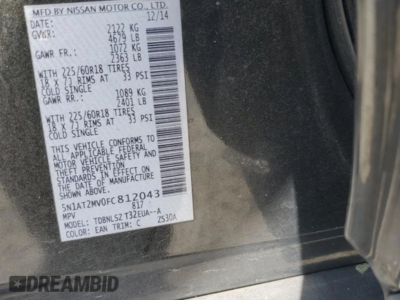 2015 Nissan Rogue SL with VIN 5N1AT2MV0FC812043, listed as a Copart auction lot 50806865 with 173,793 mi miles and Salvage title. Bid and sale history available at DreamBid. Image 13.