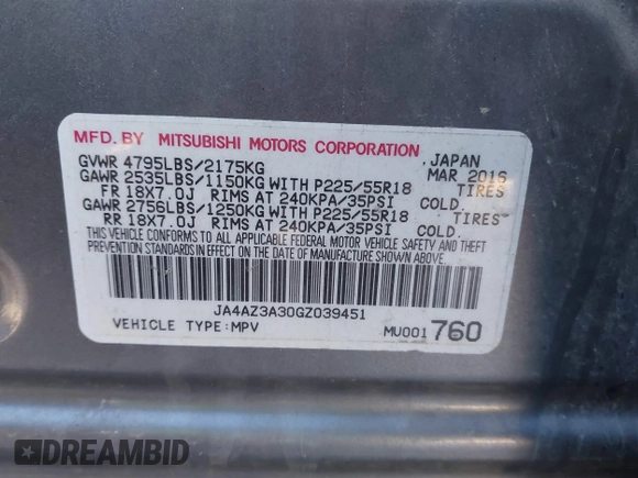 2016 Mitsubishi Outlander SE with VIN JA4AZ3A30GZ039451, listed as a IAAI auction lot 41839444 with 151,357 mi miles and . Bid and sale history available at DreamBid. Image 9.
