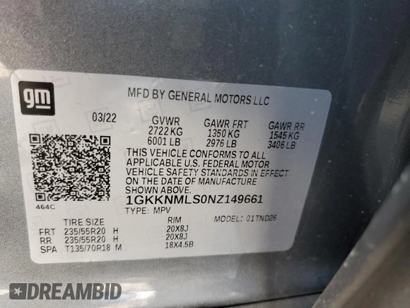 2022 GMC Acadia SLT with VIN 1GKKNMLS0NZ149661, listed as a Copart auction lot 45462195 with 40,701 mi miles and Salvage Title. Bid and sale history available at carsss.com. Image 13.