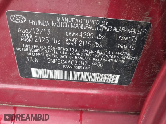 2013 Hyundai Sonata Limited with VIN 5NPEC4AC3DH793980, listed as a IAAI auction lot 42041577 with 138,878 mi miles and . Bid and sale history available at carsss.com. Image 9.
