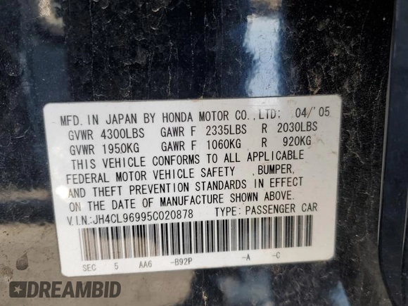 2005 Acura TSX with VIN JH4CL96995C020878, listed as a Copart auction lot 59736325 with 196,462 mi miles and Salvage title. Bid and sale history available at DreamBid. Image 12.