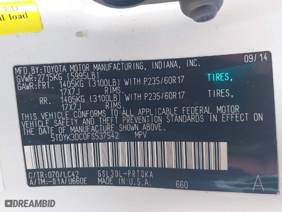 2015 Toyota Sienna XLE with VIN 5TDYK3DC0FS537542, listed as a IAAI auction lot 41578232 with 125,007 mi miles. Bid and sale history available at carsss.com. Image 9.