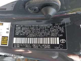 2023 Toyota Corolla Hybrid LE with VIN JTDBCMFE1P3020714, listed as a IAAI auction lot 41726065 with 28,539 mi miles. Bid and sale history available at carsss.com. Image 9.
