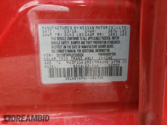 2018 Nissan Sentra SV with VIN 3N1AB7AP4JY286934, listed as a Copart auction lot 48019165 with 82,267 mi miles and Salvage Title. Bid and sale history available at carsss.com. Image 15.