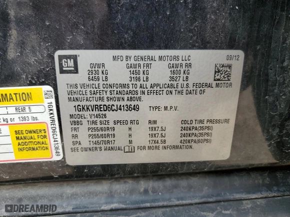 2012 GMC Acadia SLT1 with VIN 1GKKVRED6C1413649, listed as a Copart auction lot 52775295 with 183,040 mi miles and Salvage Title. Bid and sale history available at carsss.com. Image 15.