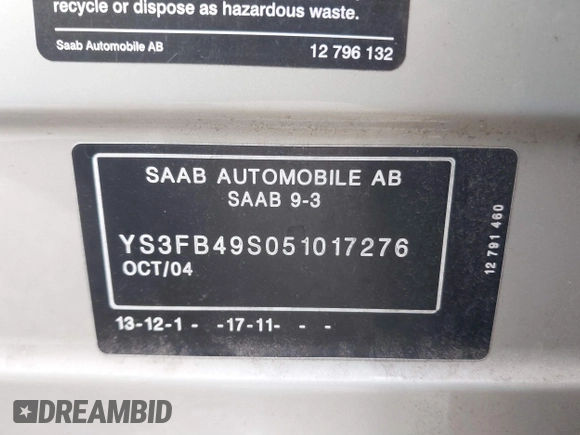 2005 Saab 9-3 z VIN YS3FB49S051017276, wystawiony jako IAAI lot #41623864 z przebiegiem 94 649 mil mil oraz . Historia ofert i sprzedaży dostępna na DreamBid. Obrazek 9.