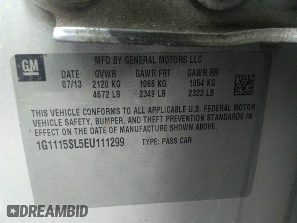 2014 Chevrolet Impala LT with VIN 1G1115SL5EU111299, listed as a IAAI auction lot 42570435 with 169,491 mi miles and . Bid and sale history available at DreamBid. Image 9.