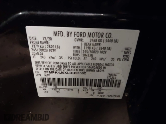 2020 Ford Edge SEL with VIN 2FMPK4J9XLBB53562, listed as a IAAI auction lot 41020081 with 74,657 mi miles. Bid and sale history available at carsss.com. Image 9.