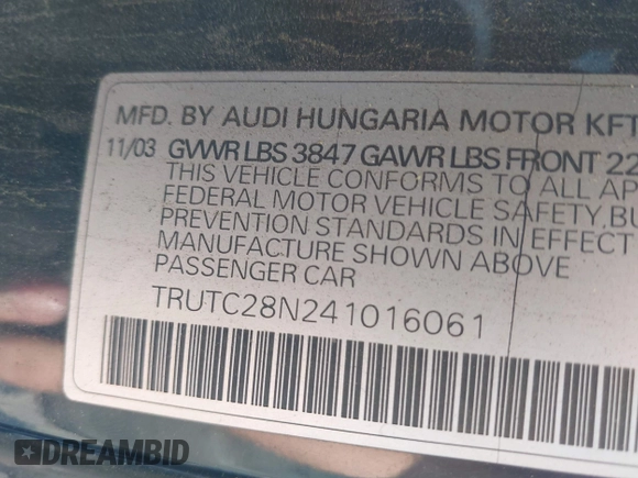 2004 Audi TT z VIN TRUTC28N241016061, wystawiony jako IAAI lot #42413028 z przebiegiem 175 236 mil mil oraz . Historia ofert i sprzedaży dostępna na DreamBid. Obrazek 9.