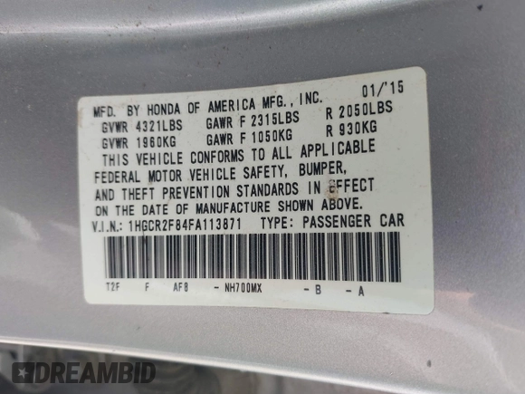 2015 Honda Accord EX-L with VIN 1HGCR2F84FA113871, listed as a IAAI auction lot 42211924 with 200,700 mi miles and . Bid and sale history available at DreamBid. Image 9.