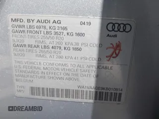 2019 Audi e-tron Prestige with VIN WA1VAAGE9KB010814, listed as a IAAI auction lot 42632795 with 90,497 mi miles and . Bid and sale history available at DreamBid. Image 9.