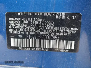 2012 Subaru WRX WRX z VIN JF1GV7E65CG017853, wystawiony jako IAAI lot #41915526 z przebiegiem 93 268 mil mil oraz . Historia ofert i sprzedaży dostępna na DreamBid. Obrazek 9.