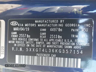 2019 Kia Optima LX with VIN 5XXGT4L36KG357154, listed as a IAAI auction lot 41764404 with 94,066 mi miles and . Bid and sale history available at carsss.com. Image 9.