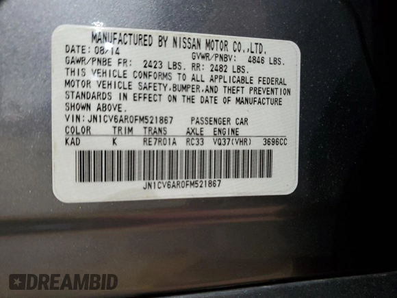 2015 Infiniti Q40 with VIN JN1CV6AR0FM521867, listed as a Copart auction lot 64668144 with 42,905 mi miles and Salvage Title. Bid and sale history available at carsss.com. Image 14.