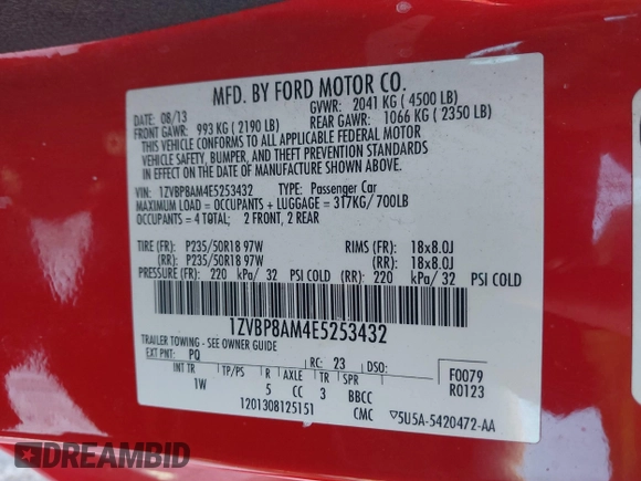 2014 Ford Mustang V6 with VIN 1ZVBP8AM4E5253432, listed as a IAAI auction lot 41316963 with 145,150 mi miles and . Bid and sale history available at carsss.com. Image 9.