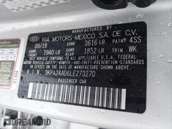 2020 Kia Rio S with VIN 3KPA24AD6LE273270, listed as a IAAI auction lot 41716369 with 112,089 mi miles. Bid and sale history available at carsss.com. Image 9.