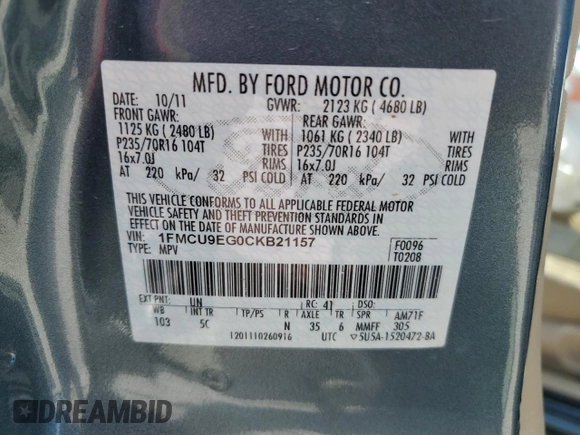 2012 Ford Escape Limited с VIN 1FMCU9EG0CKB21157, выставлен на аукционе Copart как лот 51914225 с пробегом Не указан миль и Списание • Salvage title. История ставок и продаж доступна на DreamBid. Изображение 12.