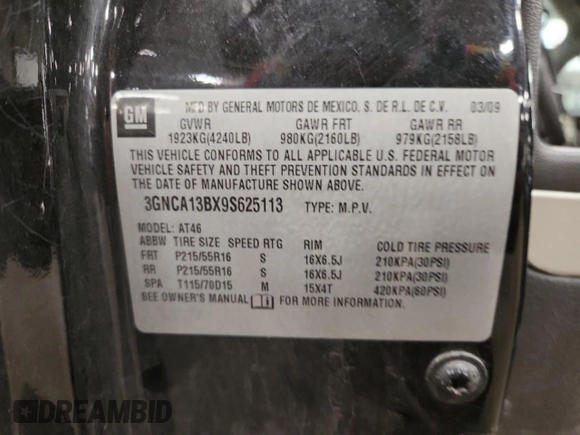 2009 Chevrolet HHR LS z VIN 3GNCA13BX9S625113, wystawiony jako Copart lot #59231035 z przebiegiem 140 730 mil mil oraz Szkoda całkowita • Salvage title. Historia ofert i sprzedaży dostępna na DreamBid. Obrazek 12.