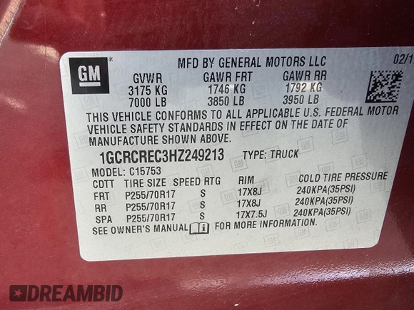 2017 Chevrolet Silverado 1500 LT with VIN 1GCRCREC3HZ249213, listed as a Copart auction lot 56705095 with 84,515 mi miles and Clean Title. Bid and sale history available at DreamBid. Image 10.