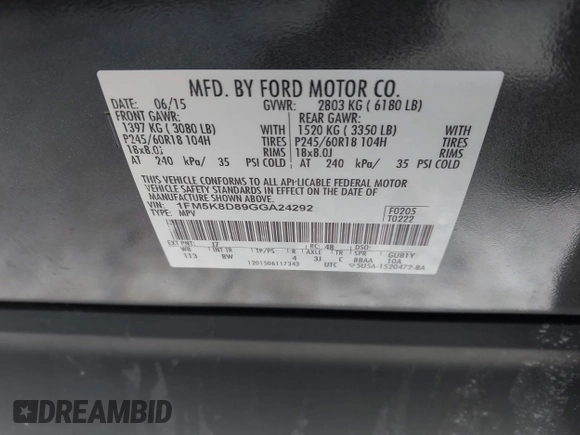2016 Ford Explorer XLT with VIN 1FM5K8D89GGA24292, listed as a IAAI auction lot 41552960 with 137,027 mi miles and . Bid and sale history available at DreamBid. Image 9.