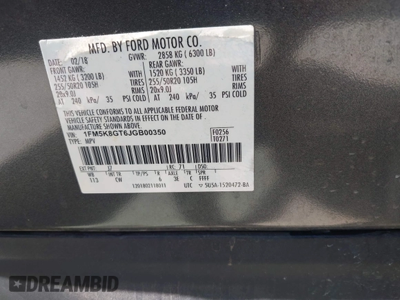 2018 Ford Explorer Sport z VIN 1FM5K8GT6JGB00350, wystawiony jako IAAI lot #42599100 z przebiegiem Nie podano mil oraz . Historia ofert i sprzedaży dostępna na DreamBid. Obrazek 9.