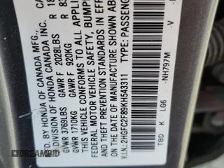 2019 Honda Civic Sport with VIN 2HGFC2F89KH543311, listed as a Copart auction lot 85769134 with 33,509 mi miles and Salvage Title. Bid and sale history available at DreamBid. Image 12.