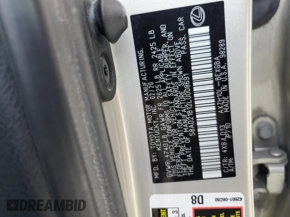 2020 Lexus ES 300h with VIN 58AD21B12LU008691, listed as a Copart auction lot 60406695 with 78,169 mi miles and Salvage title. Bid and sale history available at DreamBid. Image 12.