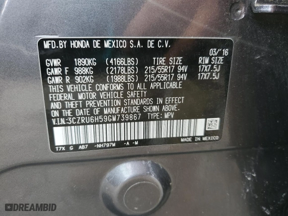 2016 Honda HR-V EX with VIN 3CZRU6H59GM739867, listed as a Copart auction lot 49425495 with 93,473 mi miles and Salvage Title. Bid and sale history available at carsss.com. Image 14.