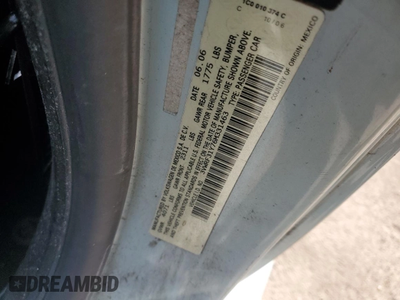 2006 Volkswagen Beetle with VIN 3VWRF31Y76M331463, listed as a Copart auction lot 87394034 with 101,136 mi miles and Clean title. Bid and sale history available at DreamBid. Image 12.