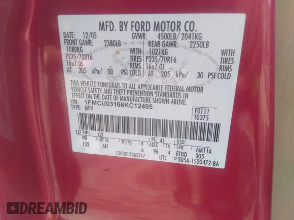 2006 Ford Escape XLT with VIN 1FMCU03166KC12495, listed as a IAAI auction lot 41793709 with Not provided miles and . Bid and sale history available at DreamBid. Image 9.