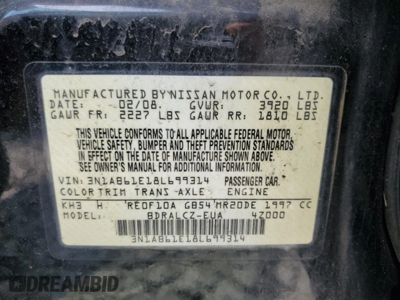 2008 Nissan Sentra S with VIN 3N1AB61E18L699314, listed as a Copart auction lot 62809975 with 193,039 mi miles and Salvage title. Bid and sale history available at DreamBid. Image 12.