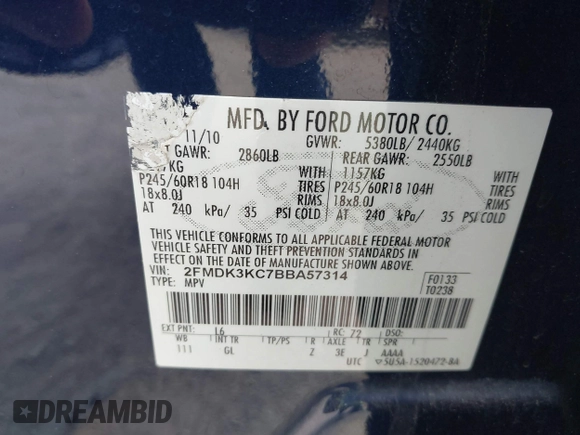 2011 Ford Edge Limited with VIN 2FMDK3KC7BBA57314, listed as a IAAI auction lot 42826178 with 224,558 mi miles and . Bid and sale history available at DreamBid. Image 9.