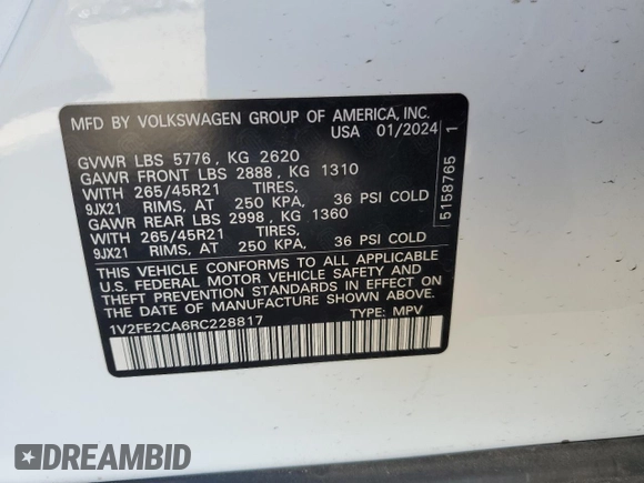 2024 Volkswagen Atlas SEL Premium R-Line z VIN 1V2FE2CA6RC228817, wystawiony jako Copart lot #50627645 z przebiegiem 5 146 mil mil oraz Szkoda całkowita • Salvage title. Historia ofert i sprzedaży dostępna na DreamBid. Obrazek 13.
