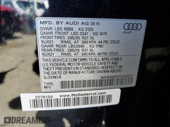 2015 Audi Q7 3.0T S line Prestige with VIN WA1DGBFE1FD030017, listed as a Copart auction lot 53651124 with 120,809 mi miles. Bid and sale history available at carsss.com. Image 13.