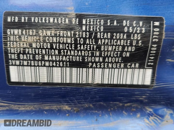 2023 Volkswagen Jetta SE with VIN 3VW7M7BU6PM042611, listed as a Copart auction lot 61238645 with Not provided miles and Salvage title. Bid and sale history available at DreamBid. Image 12.