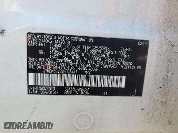 2007 Toyota RAV4 Sport with VIN JTMBK32V275026447, listed as a Copart auction lot 50764515 with 139,184 mi miles and Salvage Title. Bid and sale history available at carsss.com. Image 14.