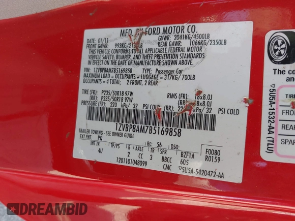 2011 Ford Mustang V6 with VIN 1ZVBP8AM7B5169858, listed as a IAAI auction lot 41797997 with 172,906 mi miles and . Bid and sale history available at carsss.com. Image 9.