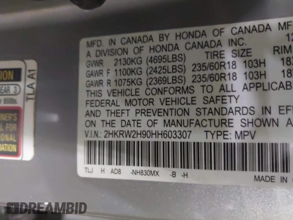 2017 Honda CR-V Touring with VIN 2HKRW2H90HH603307, listed as a IAAI auction lot 41868564 with 81,144 mi miles. Bid and sale history available at carsss.com. Image 9.