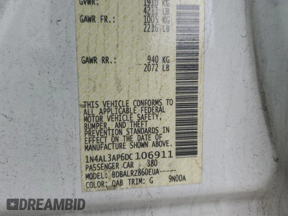 2013 Nissan Altima S with VIN 1N4AL3AP6DC106911, listed as a Copart auction lot 55898025 with 216,321 mi miles and Clean Title. Bid and sale history available at DreamBid. Image 12.