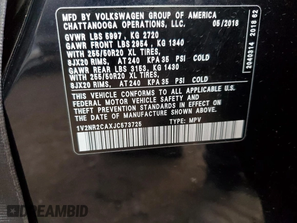 2018 Volkswagen Atlas SEL Premium with VIN 1V2NR2CAXJC573725, listed as a Copart auction lot 81723714 with 97,157 mi miles and Salvage title. Bid and sale history available at DreamBid. Image 14.