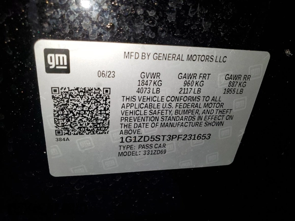 2023 Chevrolet Malibu LT with VIN 1G1ZD5ST3PF231653, listed as a Copart auction lot 80458884 with 44,280 mi miles and Non Repairable. Bid and sale history available at DreamBid. Image 13.