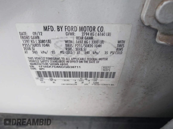 2013 Ford Explorer XLT with VIN 1FM5K7D86DGB38711, listed as a IAAI auction lot 41557401 with 142,162 mi miles and . Bid and sale history available at DreamBid. Image 9.