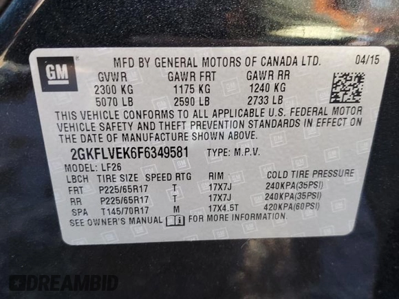 2015 GMC Terrain SLE with VIN 2GKFLVEK6F6349581, listed as a Copart auction lot 42833585 with 136,424 mi miles and Clean Title. Bid and sale history available at DreamBid. Image 13.